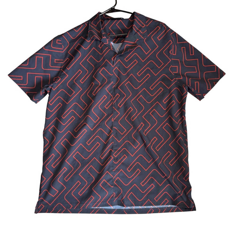 J.Lindeberg Mens XL Navy Blue Red Geometric Print Short Sleeve Golf‎ Polo Shirt